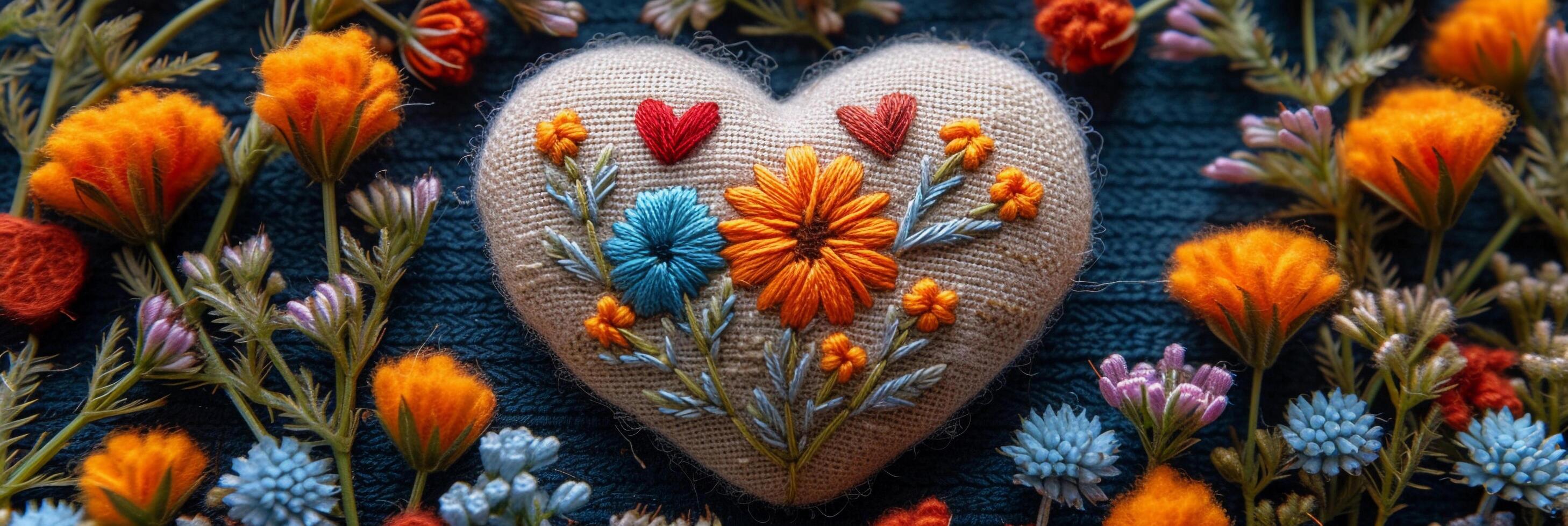 AI generated Valentine's day heart in bright colored embroidery style, background image, generative AI photo