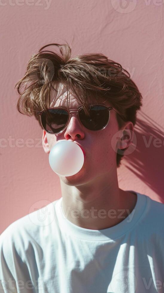 ai generado retrato de un joven blanco masculino vistiendo Gafas de sol soplo burbuja chicle, antecedentes imagen, generativo ai foto