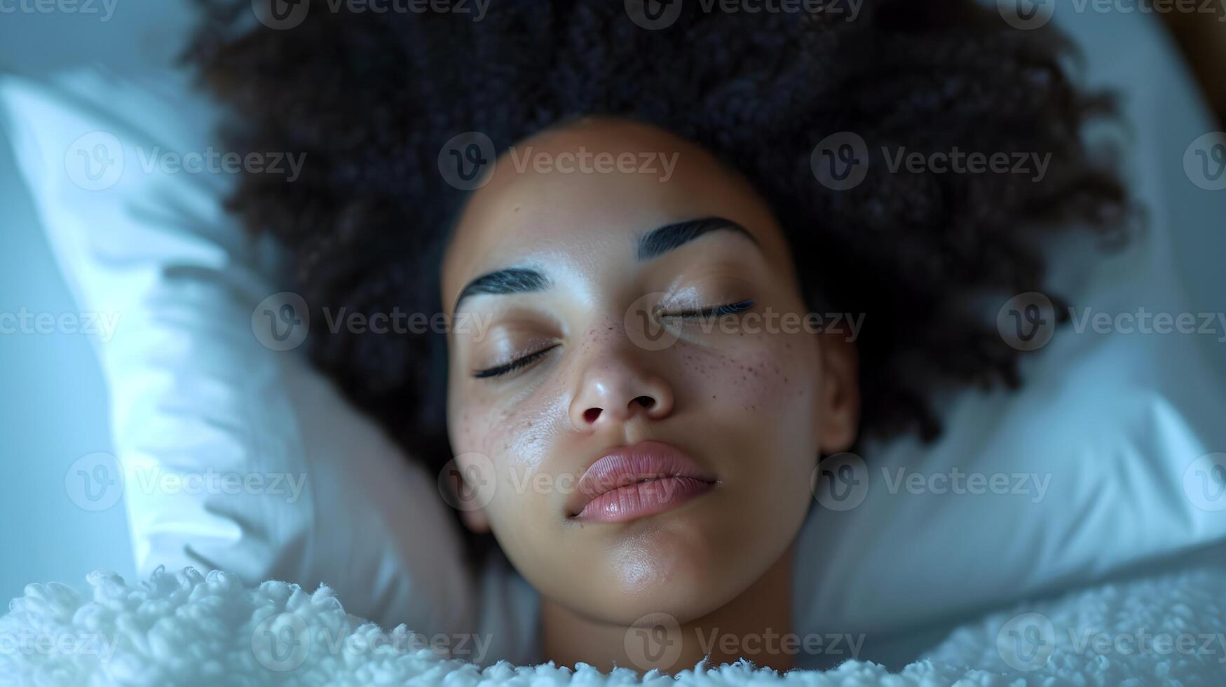 AI generated Portrait of a young black female sleeping sick in a hospital bed with a pained face, background image, AI generated photo