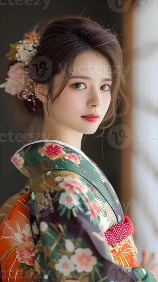 AI generated Portrait of young beautiful japanese female wearing traditional japanese clothes, generative AI photo