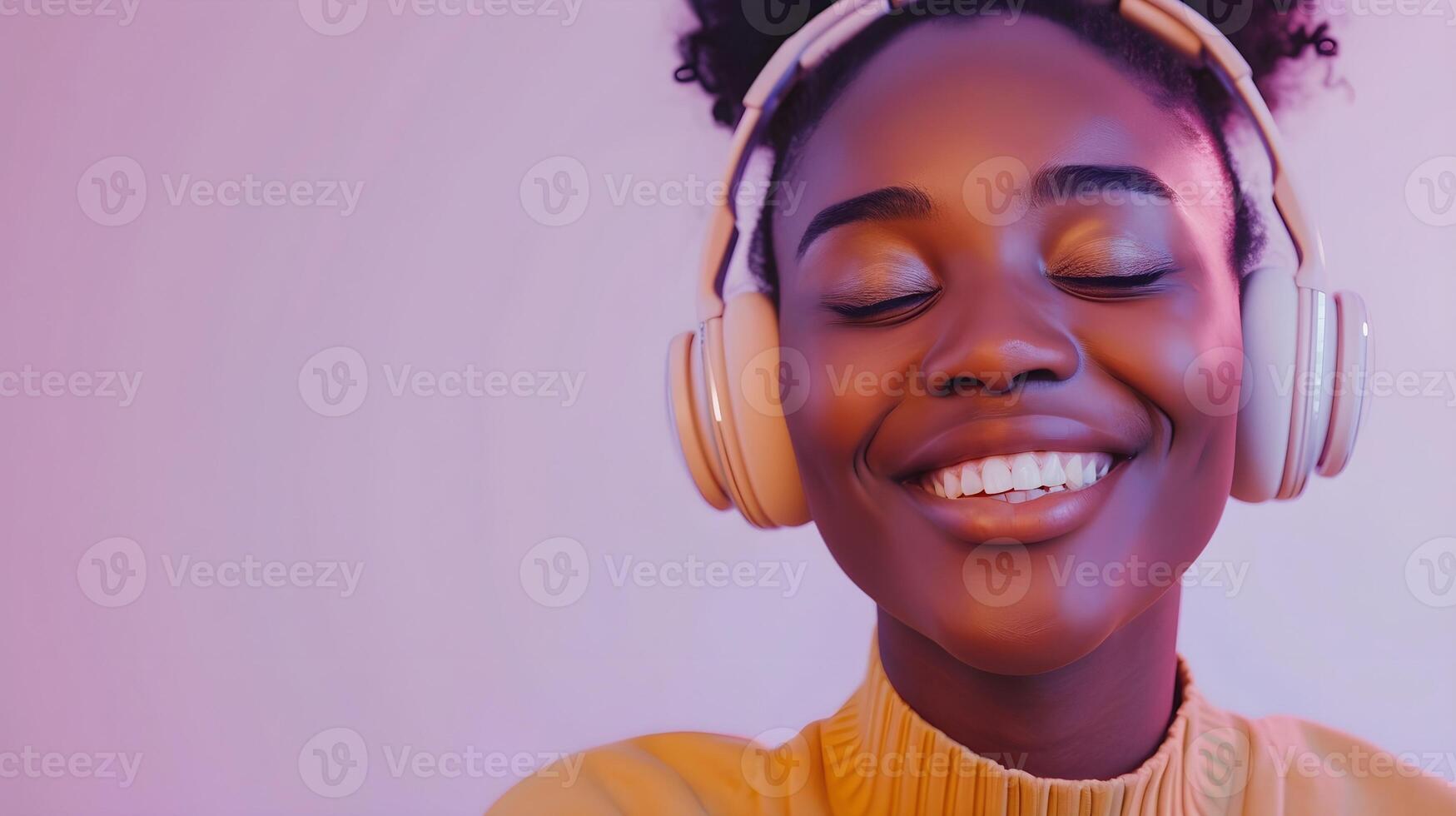 AI generated Portrait of a black middle-aged female smiling and closing her eyes while wearing wireless headphones against light purple background, generative AI photo