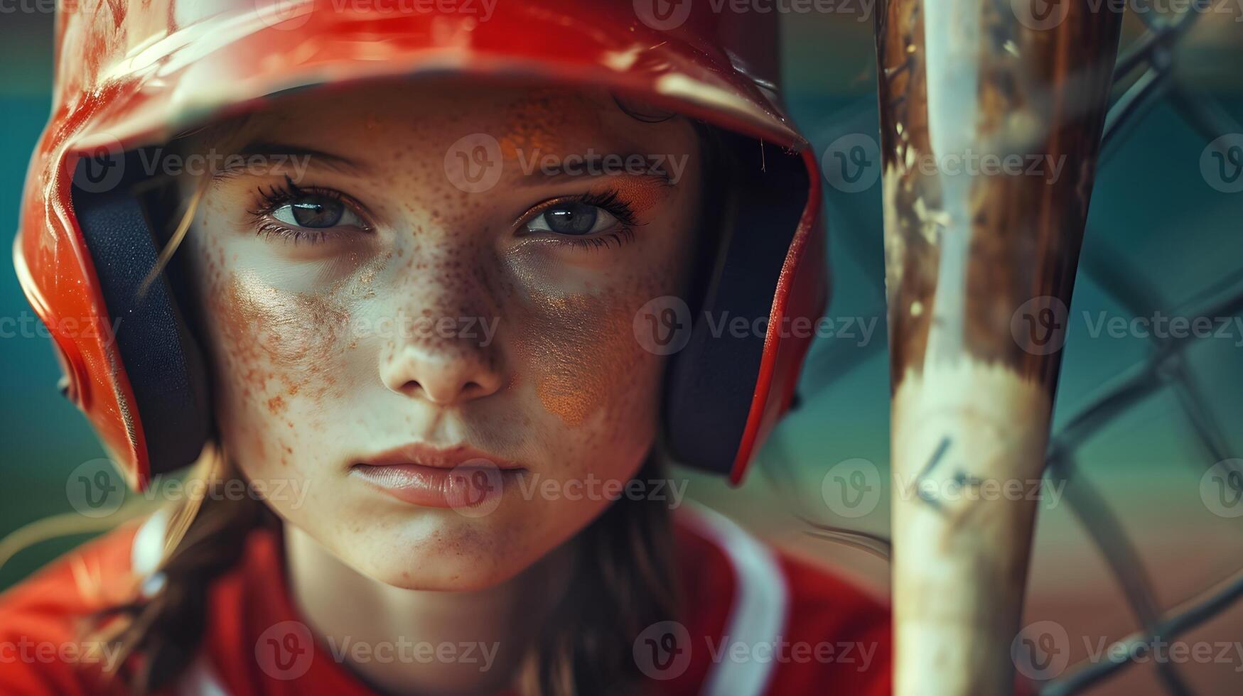 ai generado retrato de un joven blanco hembra vistiendo béisbol jugador uniforme en acción, antecedentes imagen, ai generado foto