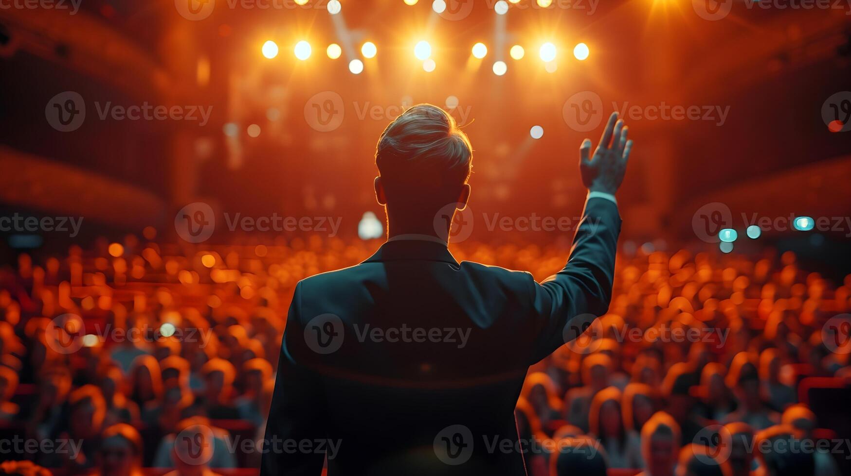 AI generated Back view portrait of a successful white male Motivational Speaker raising her hand on Stage, background image, AI generated photo
