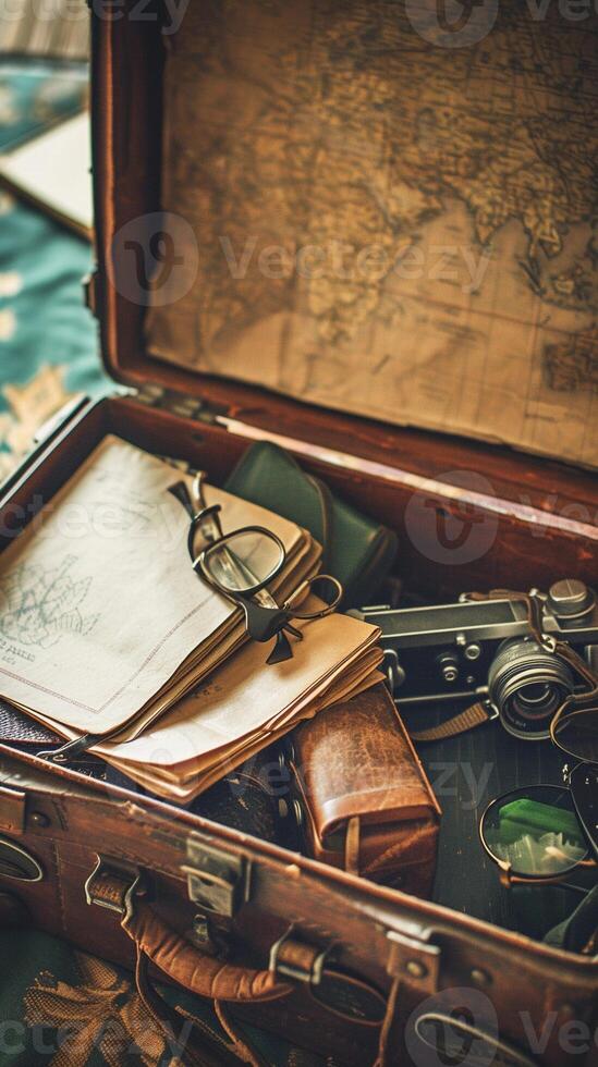 AI generated Capture a vintage suitcase open with travel essentials spilling out, background image generative AI photo