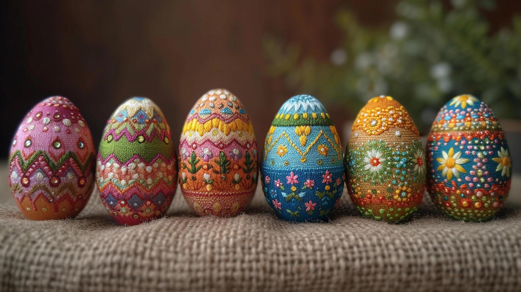 AI generated Easter eggs, bright colored embroidery style, background image, generative AI photo