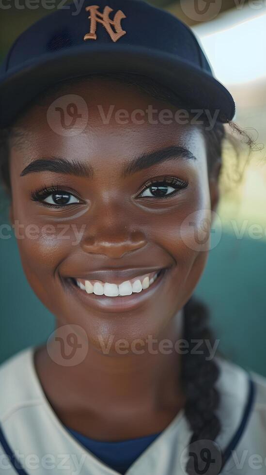 ai generado retrato de un sonriente negro hembra en béisbol jugador uniforme, antecedentes imagen, ai generado foto