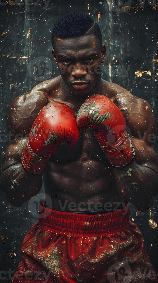 AI generated Portrait of a black male boxer on action against textured background with space for text, background image, AI generated photo