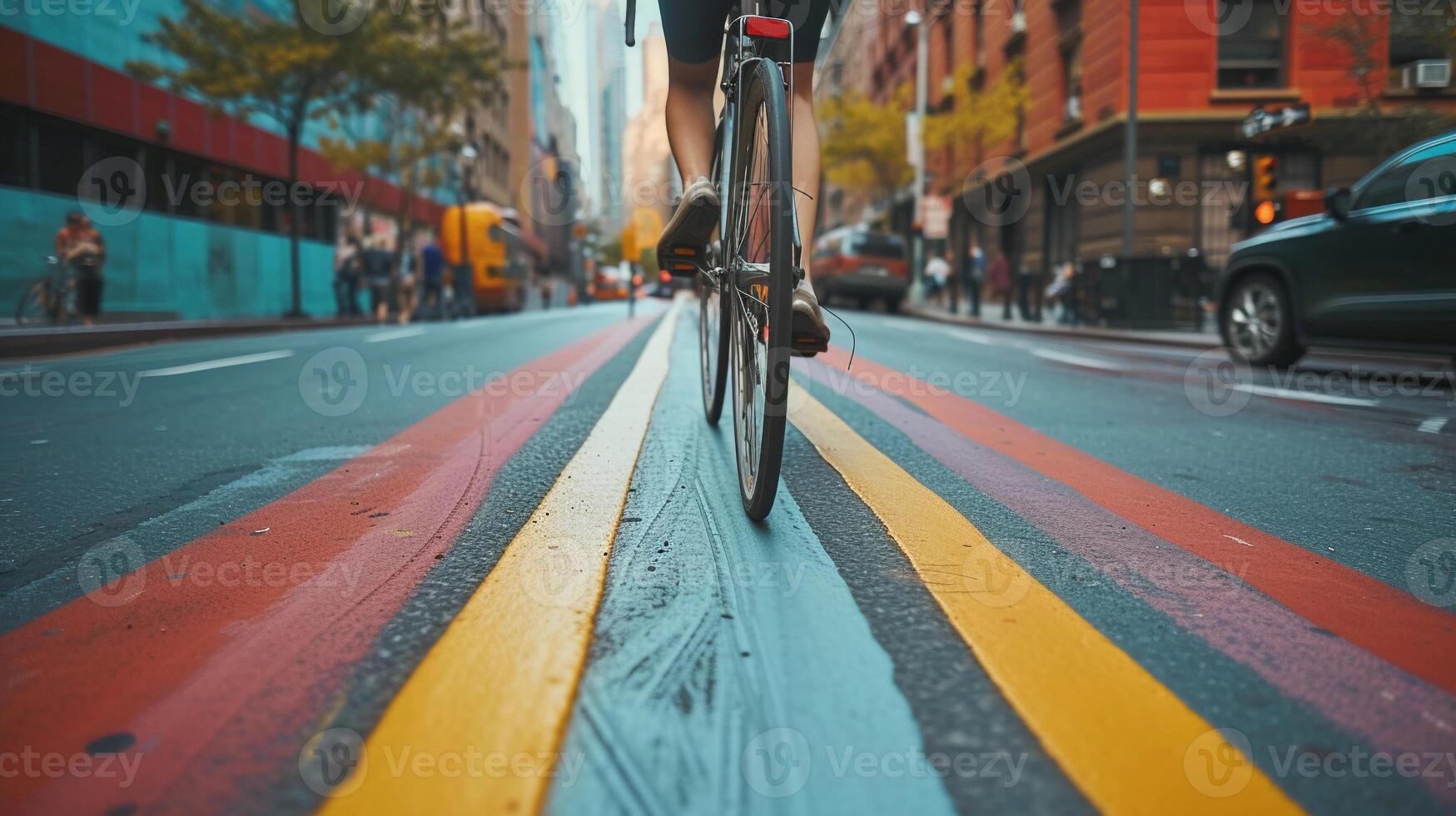 AI generated Bike Lane Adventure, cyclist riding down a designated bike lane in an urban setting, background image, generative AI photo