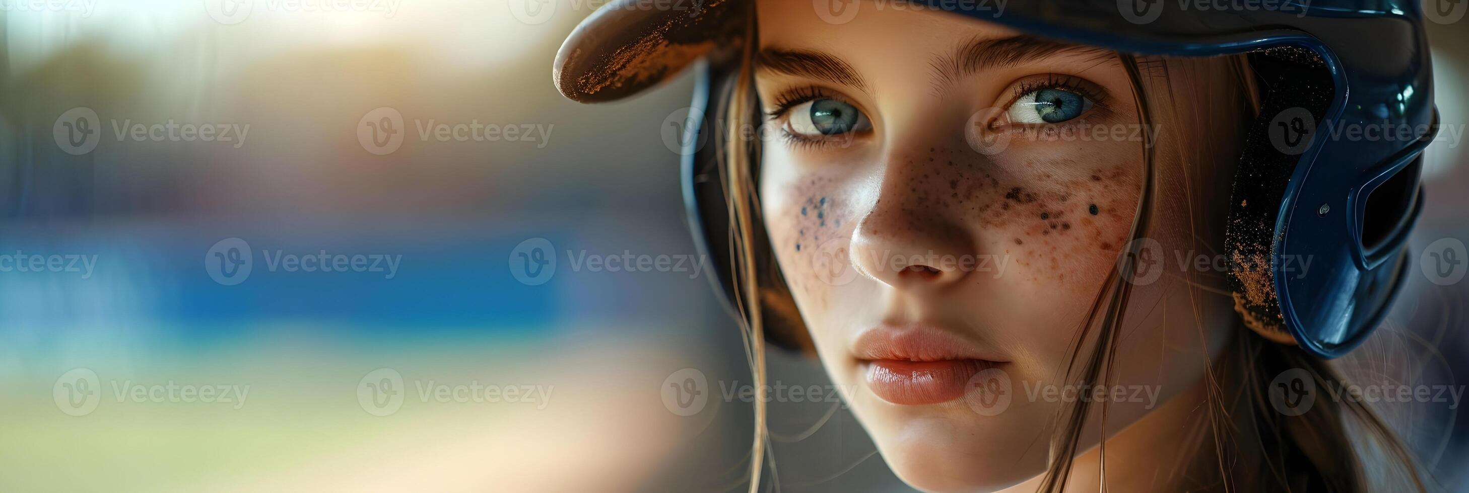 AI generated Portrait of a young white female wearing baseball player uniform in action, background image, AI generated photo