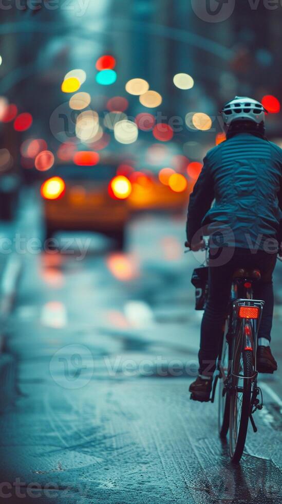 AI generated Bike Commute in the City, commuter on a bicycle navigating through city traffic, background image, generative AI photo