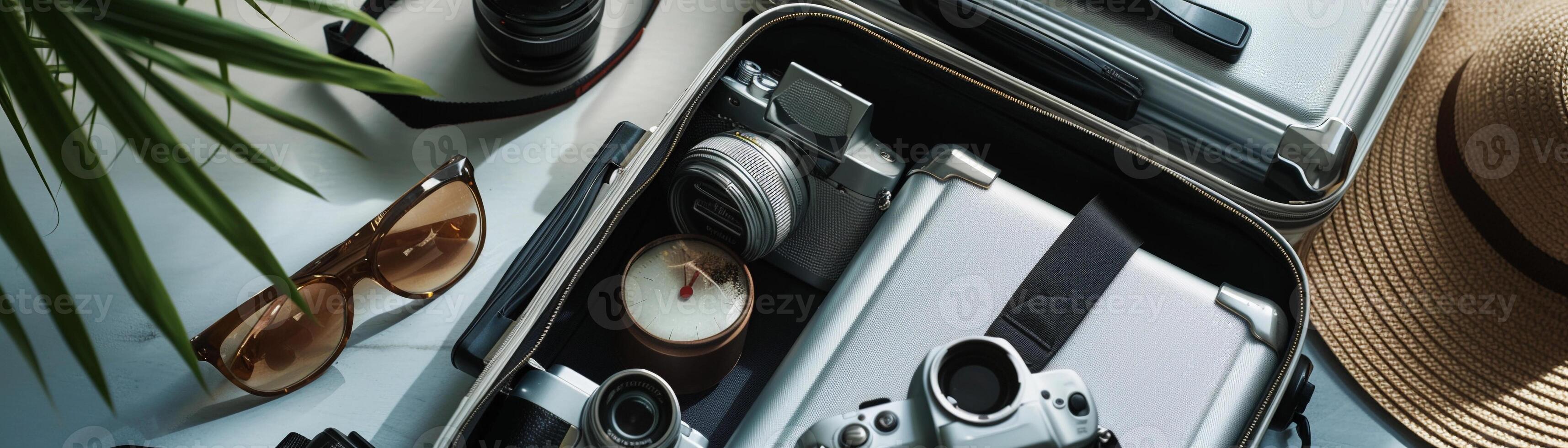 AI generated Modern suitcase open with travel essentials spilling out, background image generative AI photo