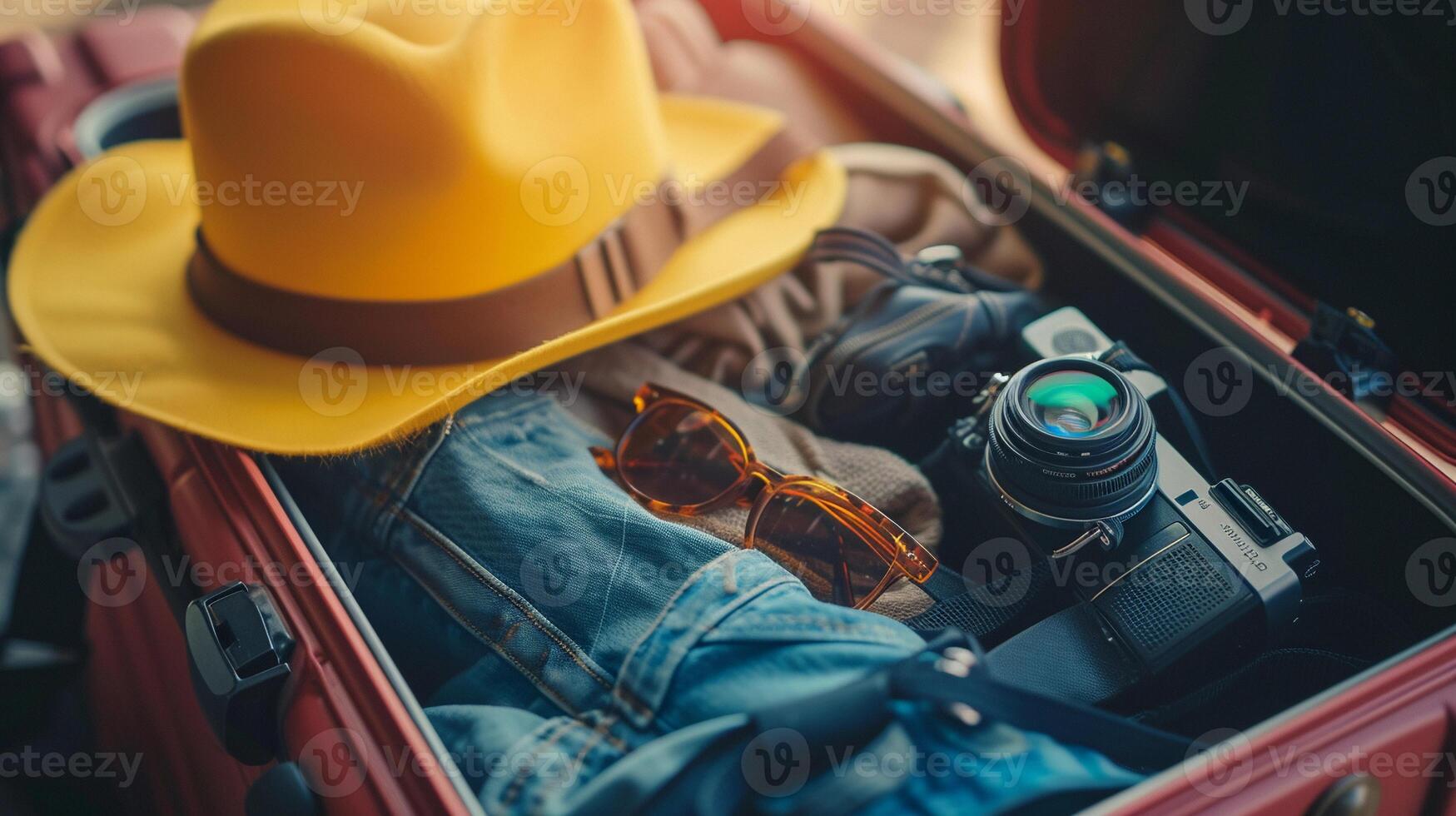 AI generated Modern suitcase open with travel essentials spilling out, background image generative AI photo