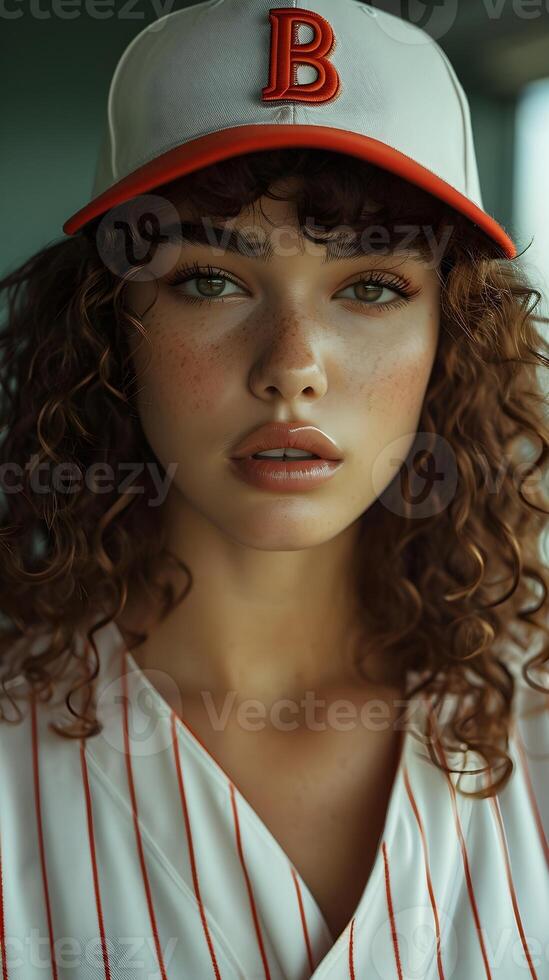 AI generated Portrait of a curly hair white female in baseball player uniform, background image, AI generated photo