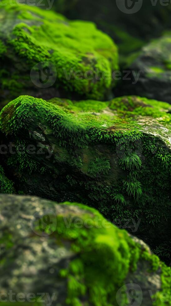 ai generado explorar el textura y vibrante verde matices de musgo cubierta rocas en un natural configuración, antecedentes imagen, generativo ai foto
