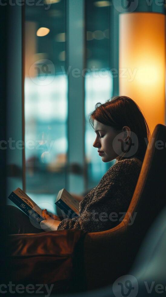 ai generado aeropuerto salón relajación, un viajero disfrutando un tranquilo momento en un aeropuerto salón, antecedentes imagen, generativo ai foto