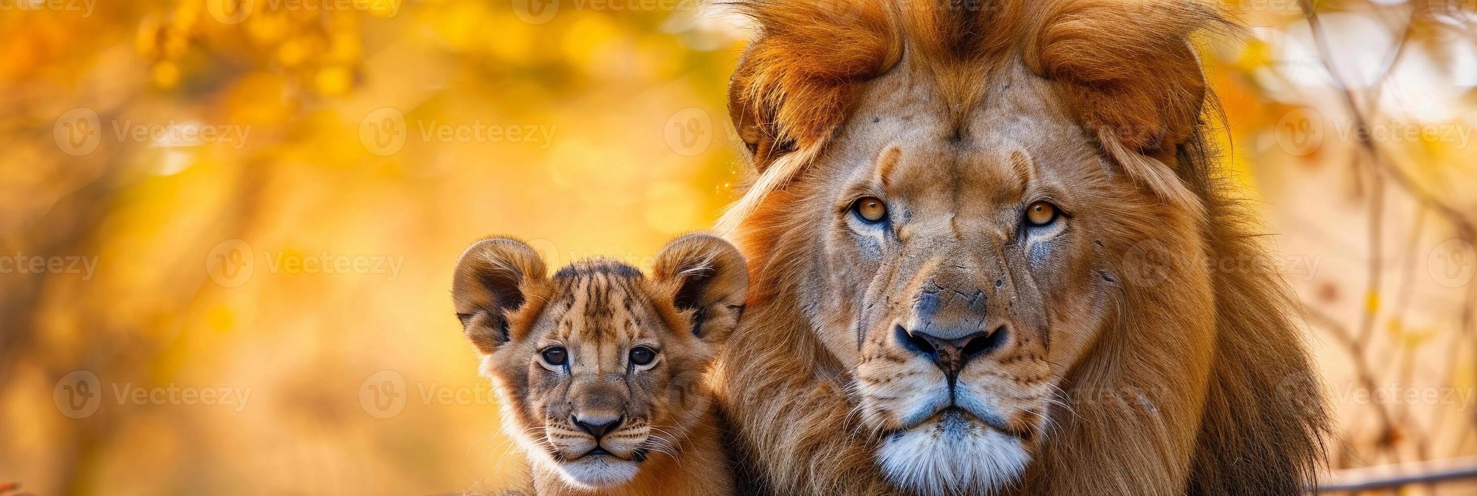 AI generated Portrait of a male lion with a little lion cub, background image, generative AI photo