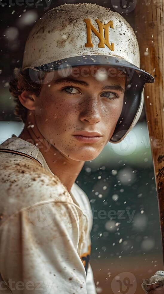 AI generated Portrait of a young white male wearing baseball player uniform in action, background image, AI generated photo