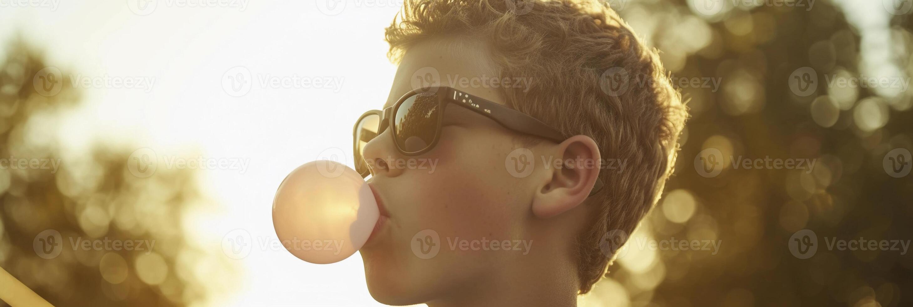 AI generated Portrait of a young white male wearing sunglasses blowing bubble gum, background image, generative AI photo