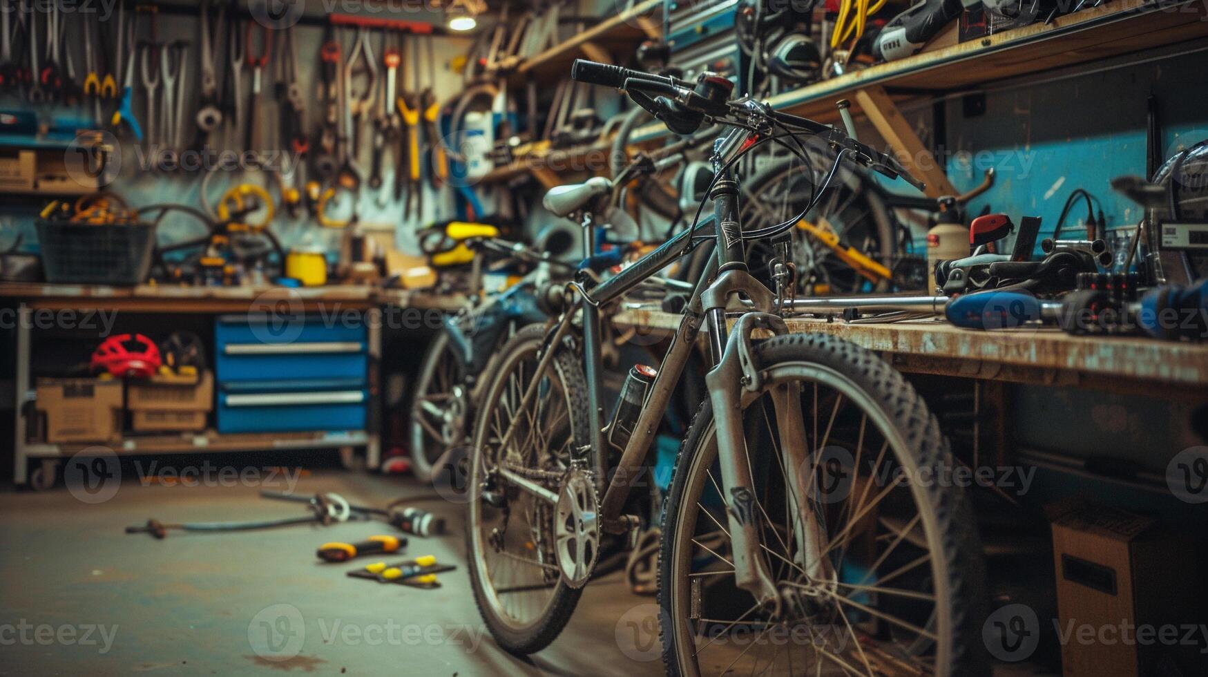 AI generated Bike Repair Workshop, background image, generative AI photo