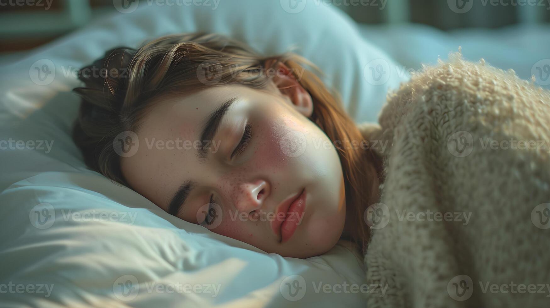 AI generated Portrait of a young white female sleeping sick in a hospital bed with a pained face, background image, AI generated photo