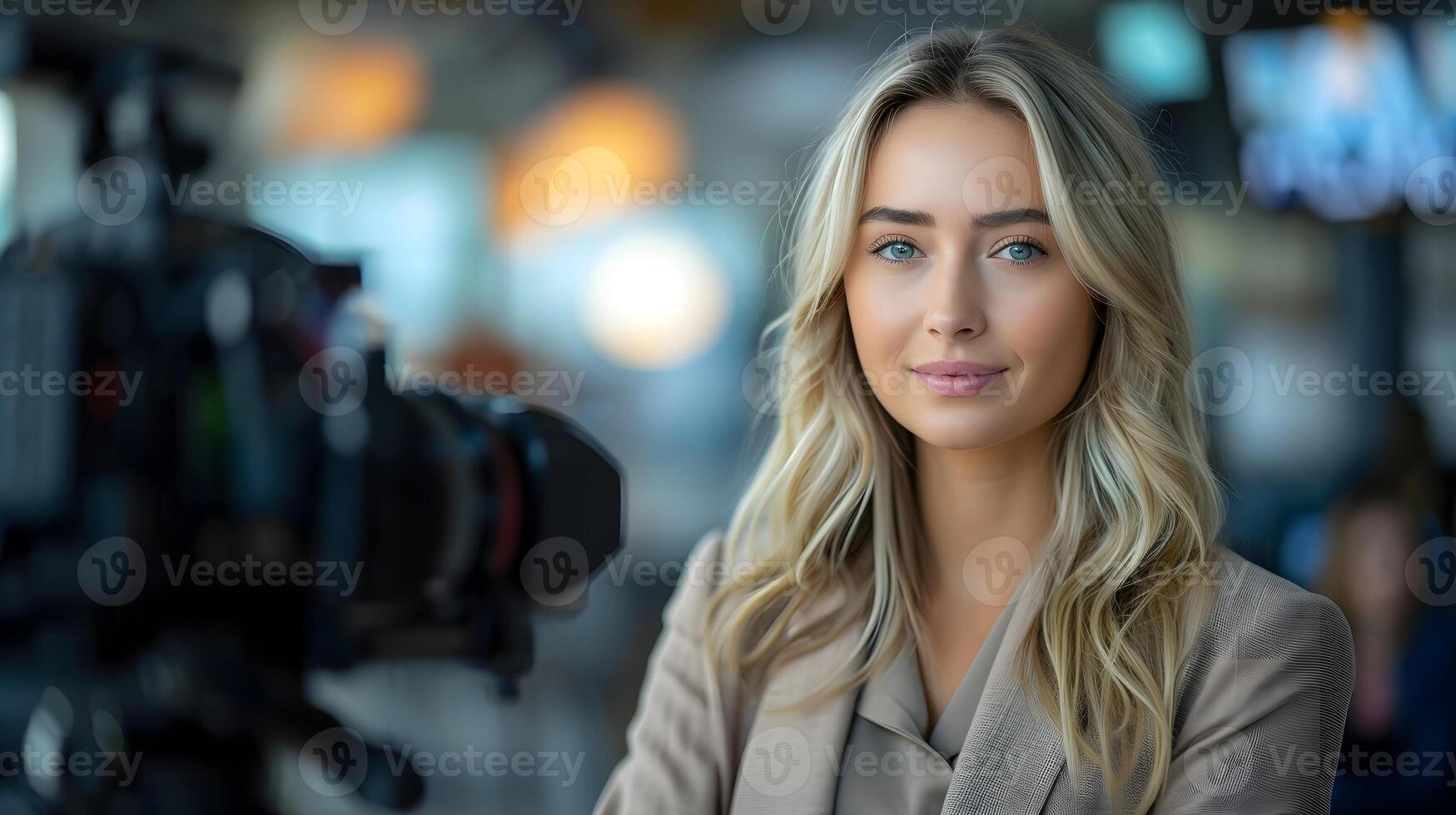 AI generated Portrait of a blonde white female news reporter in action, background image, AI generated photo