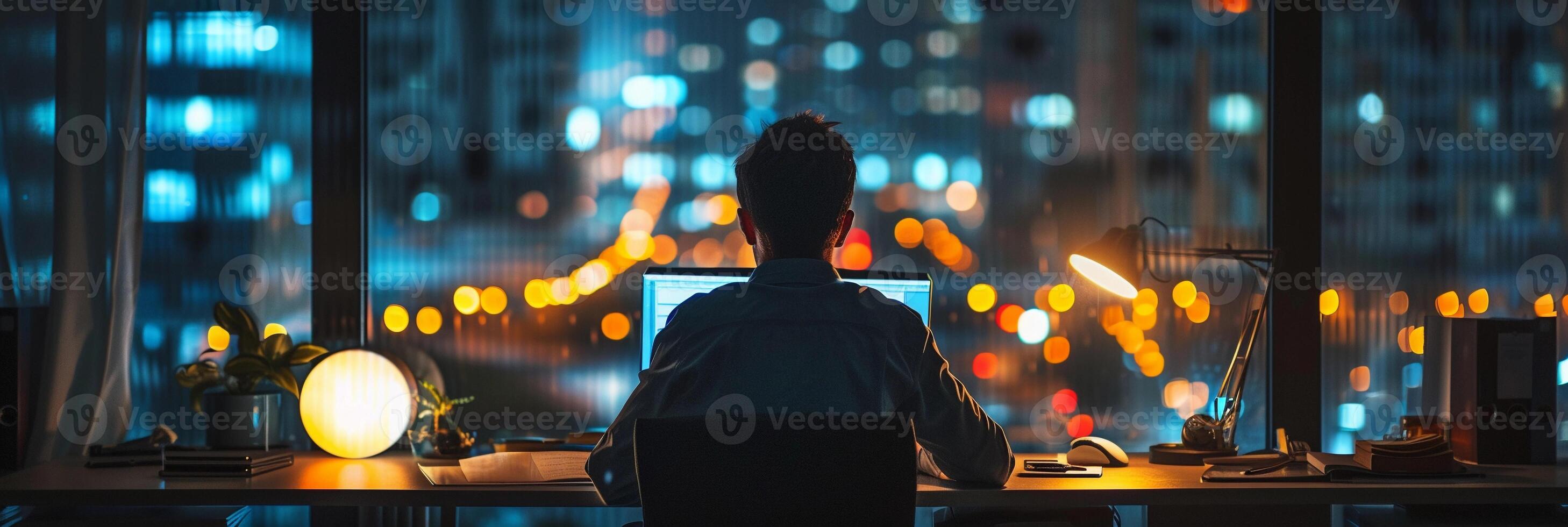 AI generated After-Hours Work, soft focus lens, Illustrate a dedicated employee working late at the office, background image, generative AI photo