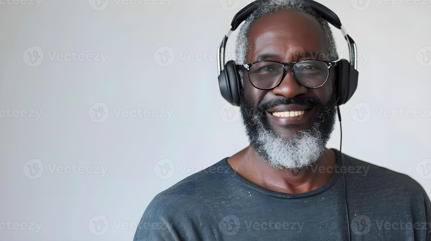 AI generated Portrait of a black middle-aged male smiling while wearing wireless headphones against white background, generative AI photo