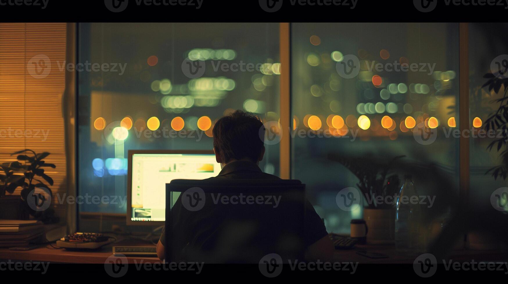 AI generated After-Hours Work, soft focus lens, Illustrate a dedicated employee working late at the office, background image, generative AI photo