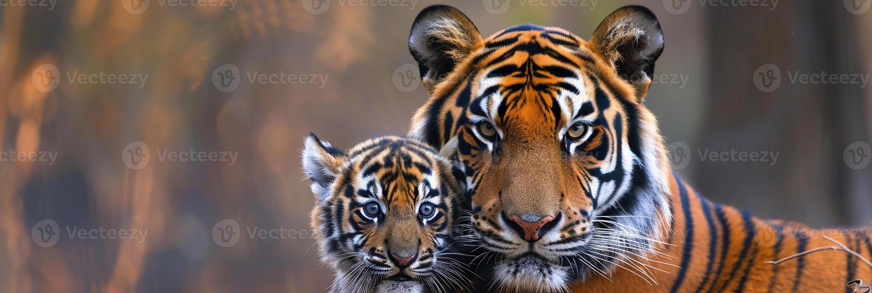 AI generated Portrait of a male tiger with a little tiger cub, background image, generative AI photo