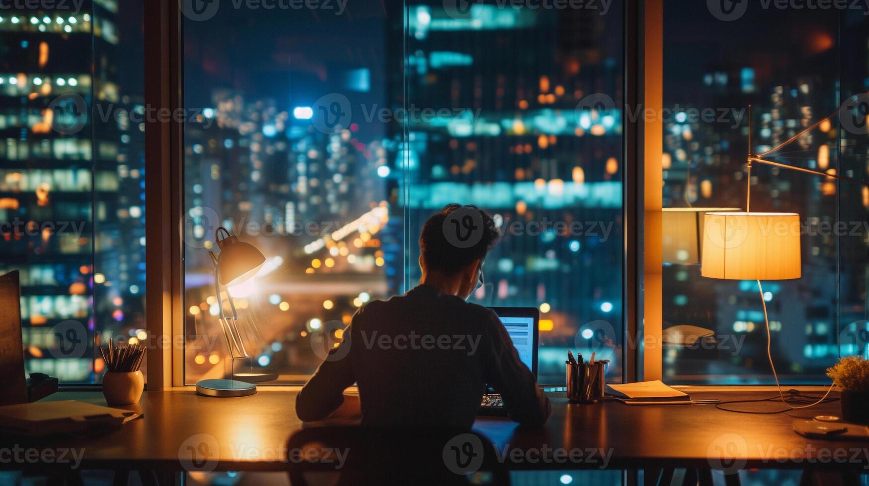 AI generated After-Hours Work, soft focus lens, Illustrate a dedicated employee working late at the office, background image, generative AI photo