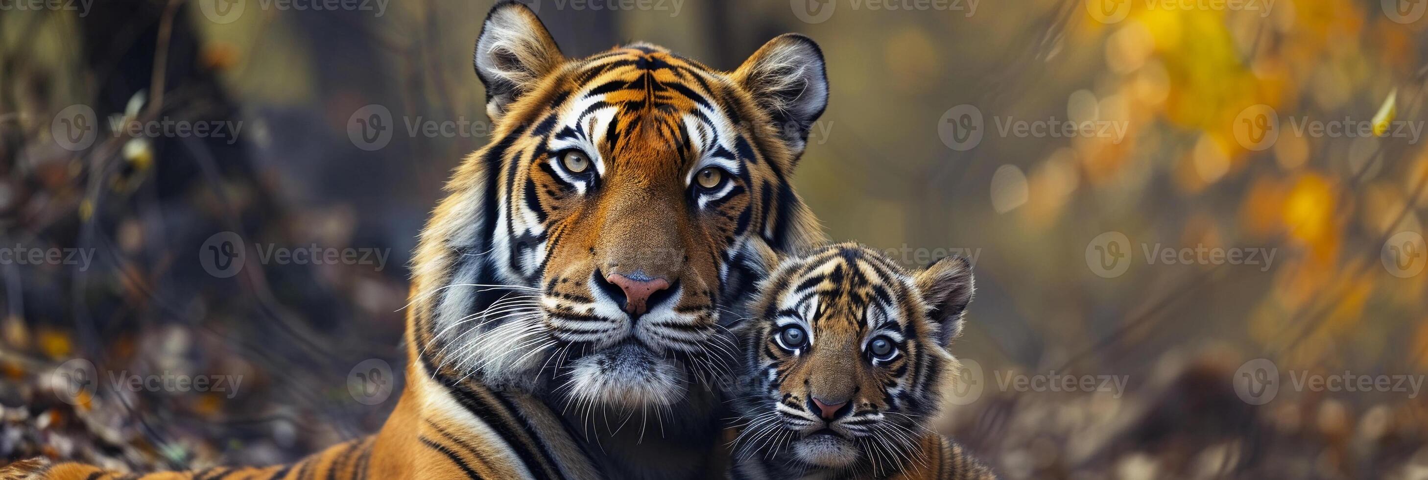 AI generated Portrait of a male tiger with a little tiger cub, background image, generative AI photo