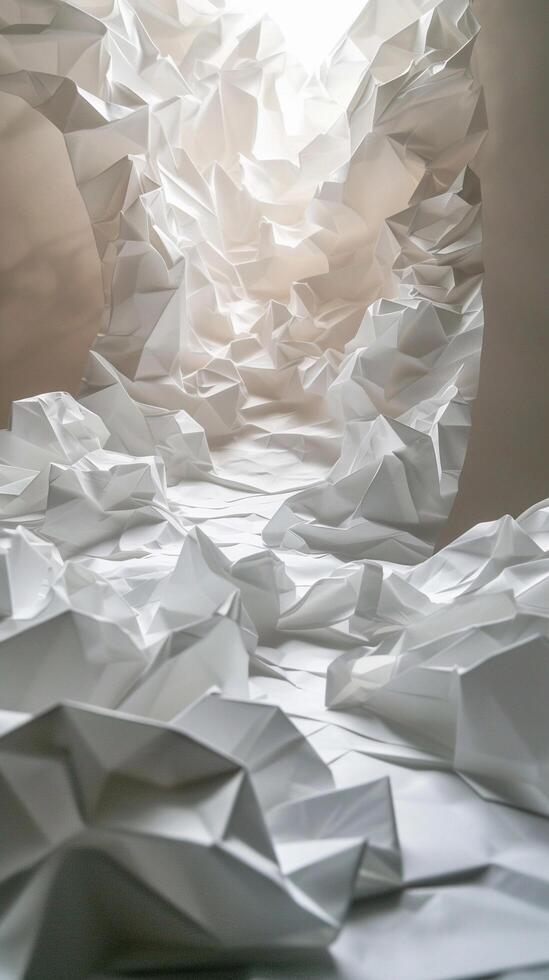 ai generado origami cascada, un cascada hecho enteramente de doblada papel, antecedentes imagen, generativo ai foto