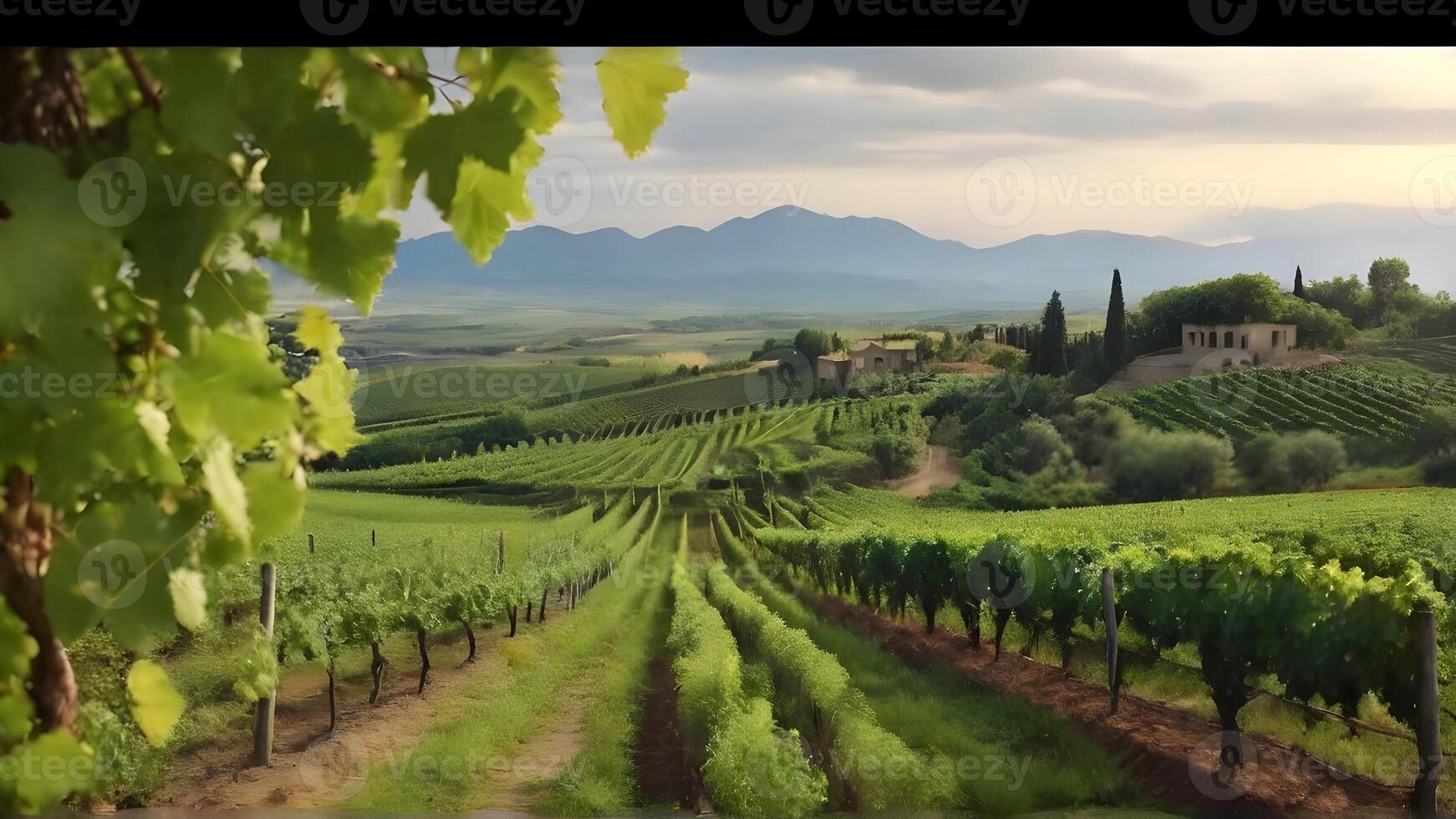 AI generated Vineyard with lush fruit, background image, generative AI photo