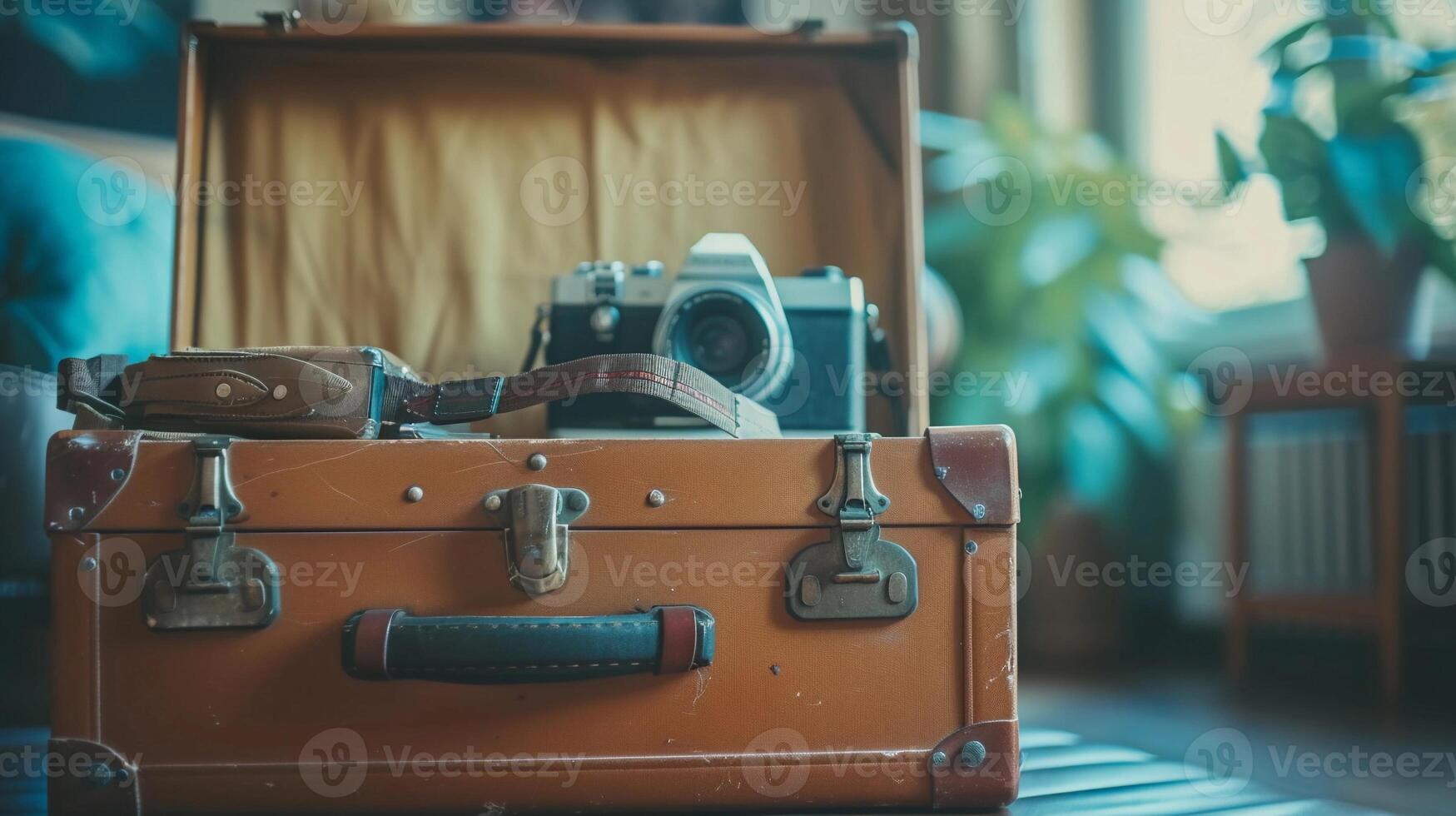 AI generated Capture a vintage suitcase open with travel essentials spilling out, background image generative AI photo