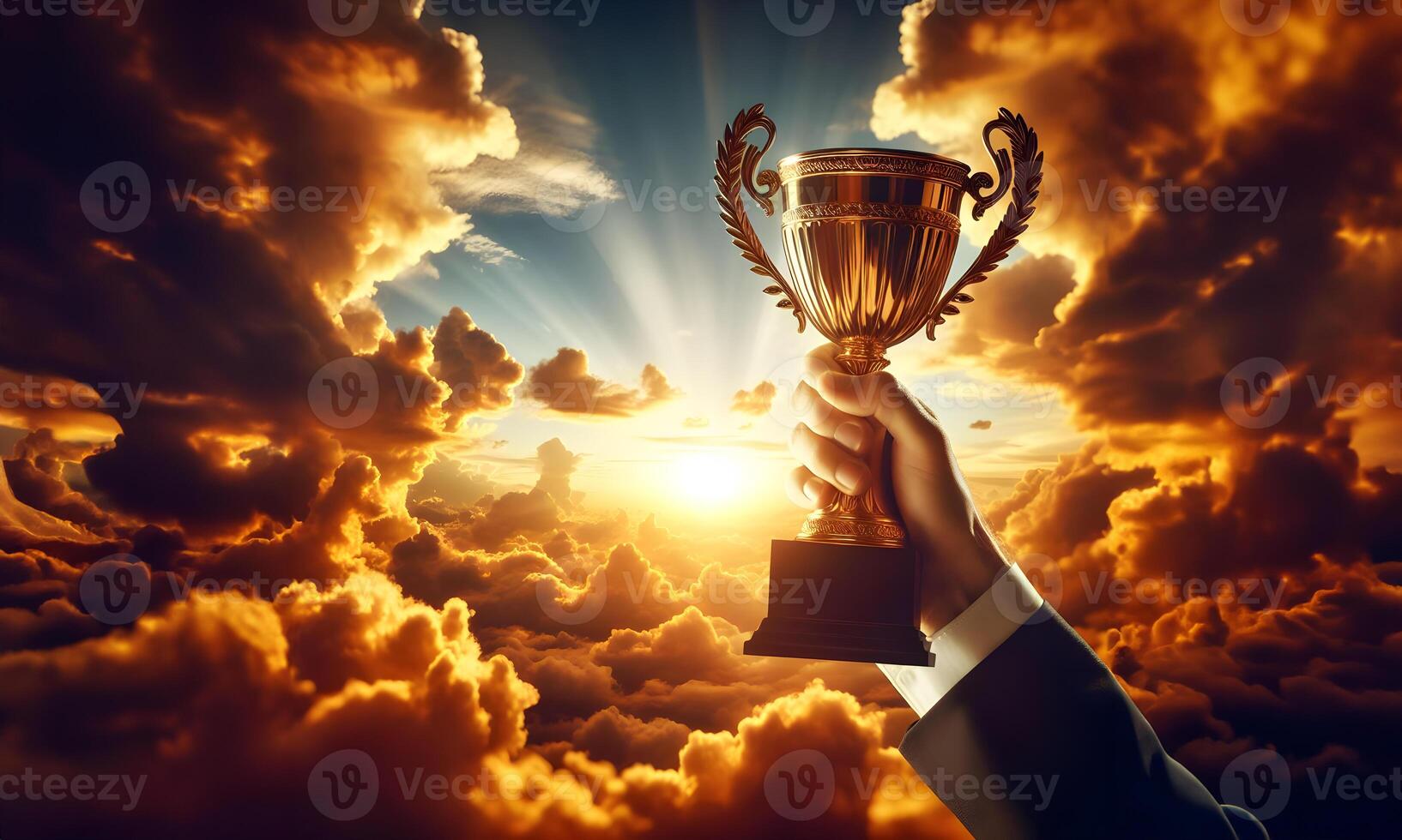 AI generated Successful business man holding prize or cup award for corporate development of an investment company. Generative Ai. photo