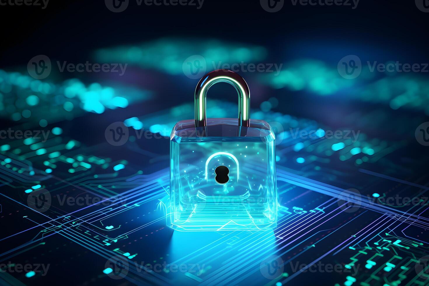 AI generated Cybersecurity and privacy and protect data concept. lock key icon and internet network security technology.Generative Ai. photo