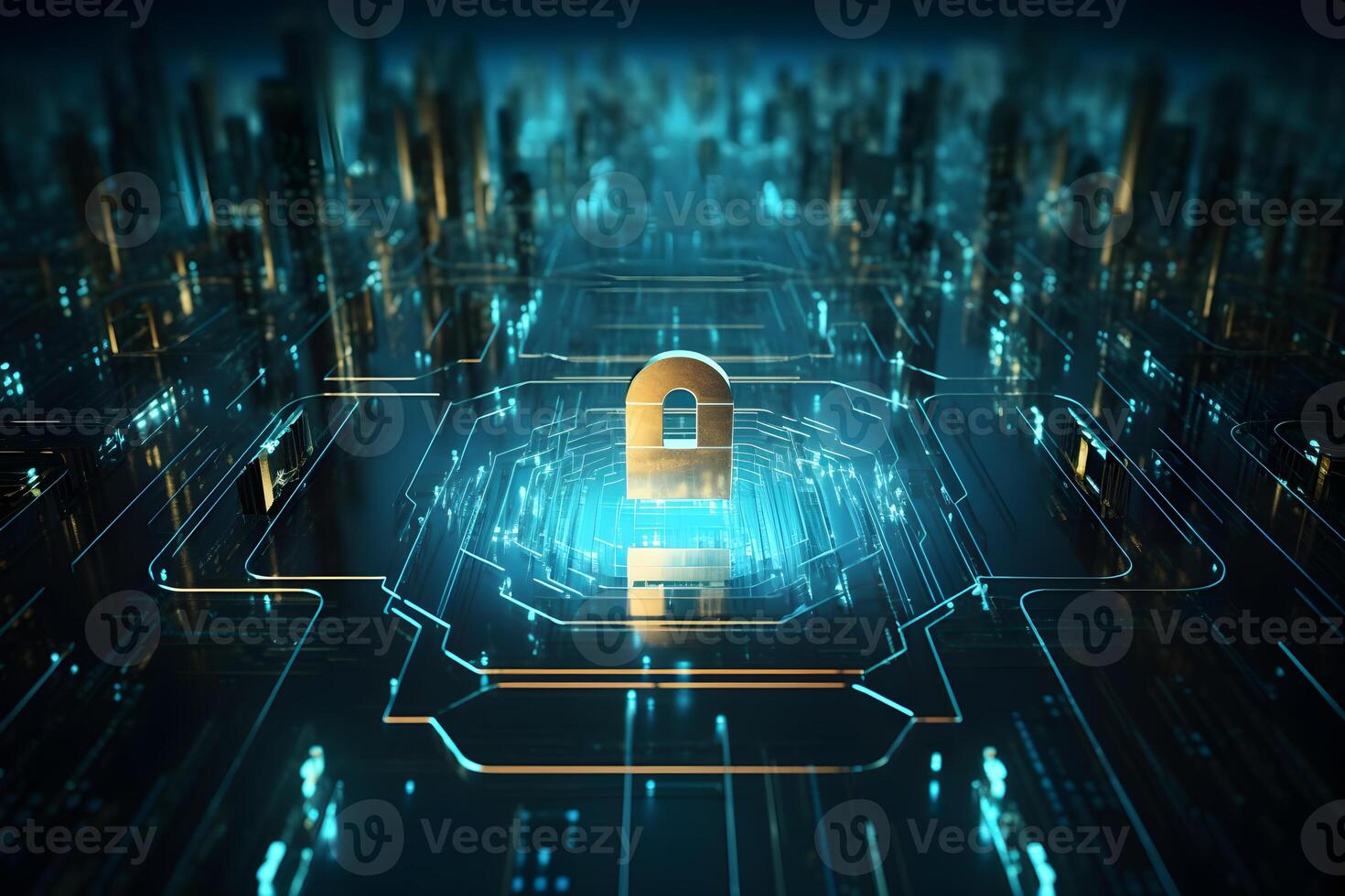 AI generated Cybersecurity and privacy and protect data concept. lock key icon and internet network security technology.Generative Ai. photo