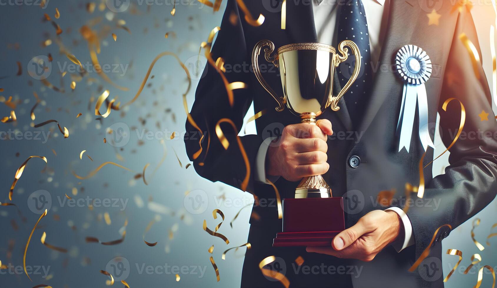 AI generated Successful business man holding prize or cup award for corporate development of an investment company. Generative Ai. photo