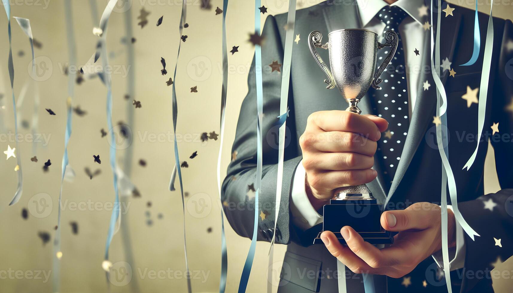 AI generated Successful business man holding prize or cup award for corporate development of an investment company. Generative Ai. photo