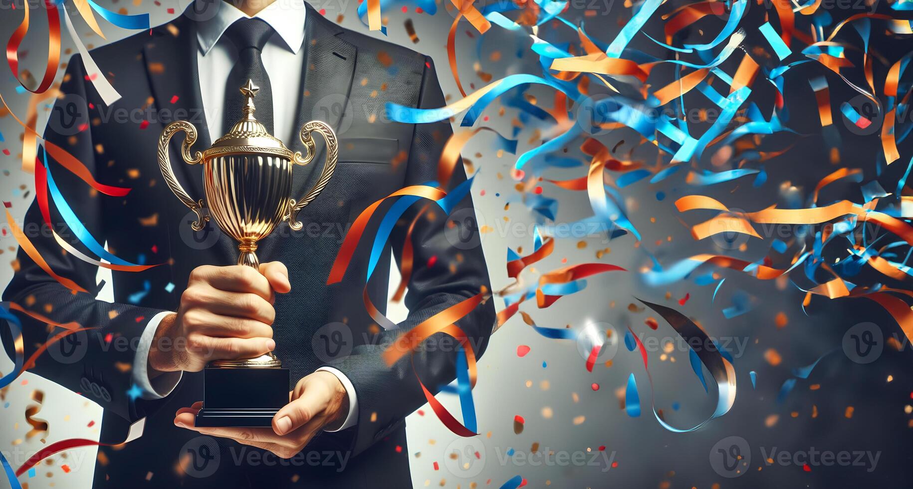 AI generated Successful business man holding prize or cup award for corporate development of an investment company. Generative Ai. photo