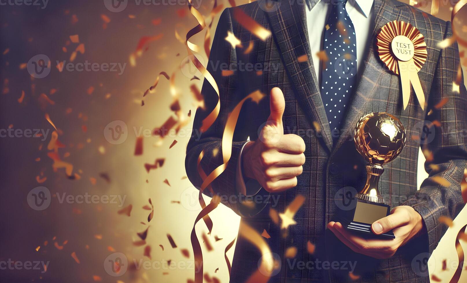 AI generated Successful business man holding prize or cup award for corporate development of an investment company. Generative Ai. photo