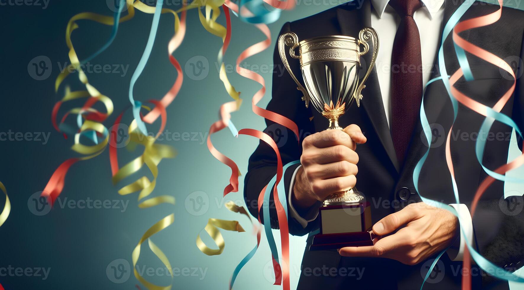 AI generated Successful business man holding prize or cup award for corporate development of an investment company. Generative Ai. photo