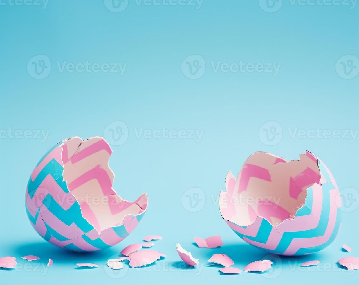 AI generated Pink and blue Easter egg open and cracked in half. Empty copy space for text or product. photo