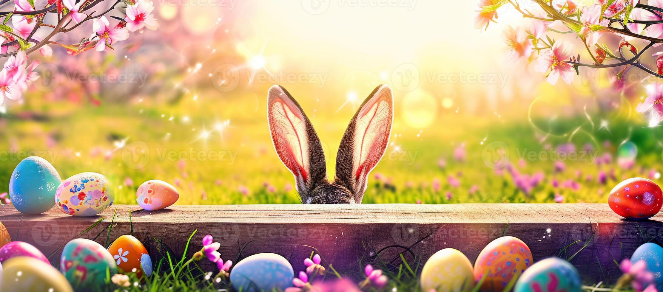 AI generated Abstract Defocused Easter Scene - Ears Bunny Behind Grass And Decorated Eggs In Flowery Field photo