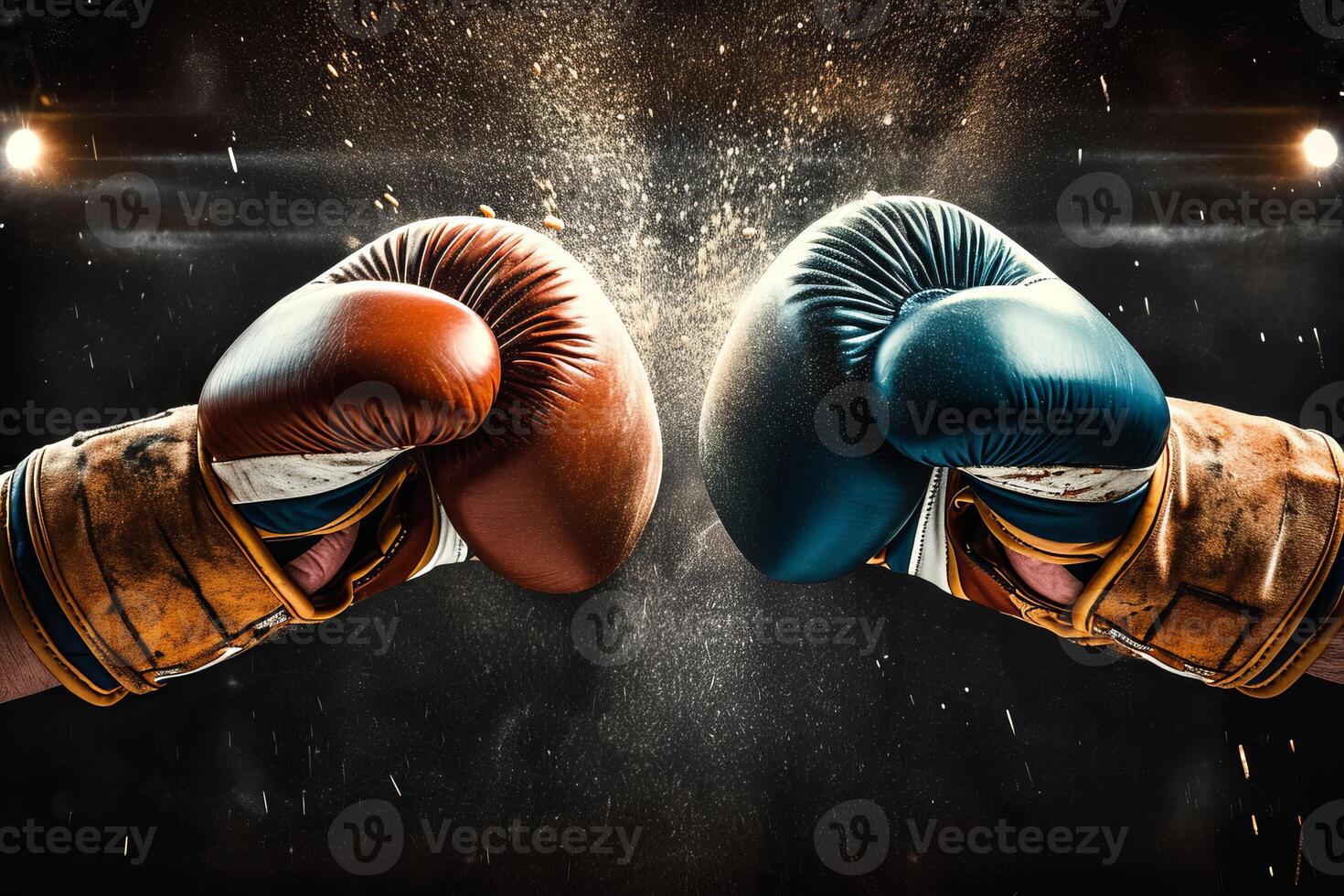 AI generated Boxing fight, close up of two fists hitting each other over dark photo