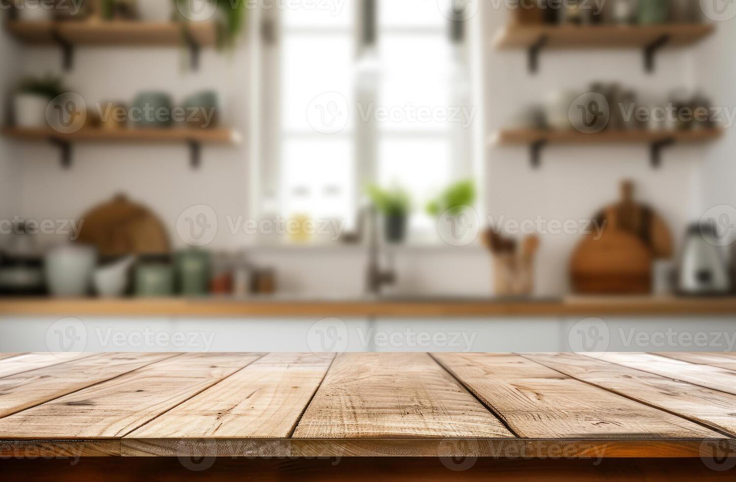 ai generado madera mesa parte superior en difuminar cocina habitación antecedentes .para montaje producto monitor o diseño llave visual disposición. foto