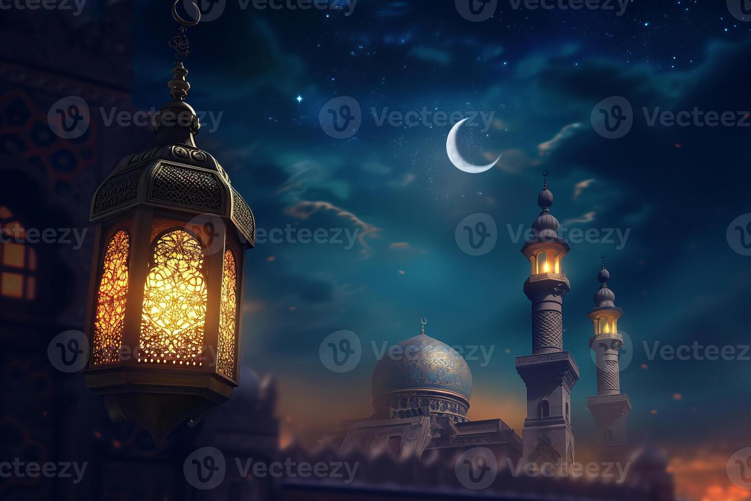 ai generado ornamental Arábica linterna con ardiente vela brillante a noche. musulmán santo mes Ramadán kareem con mezquita a el antecedentes foto