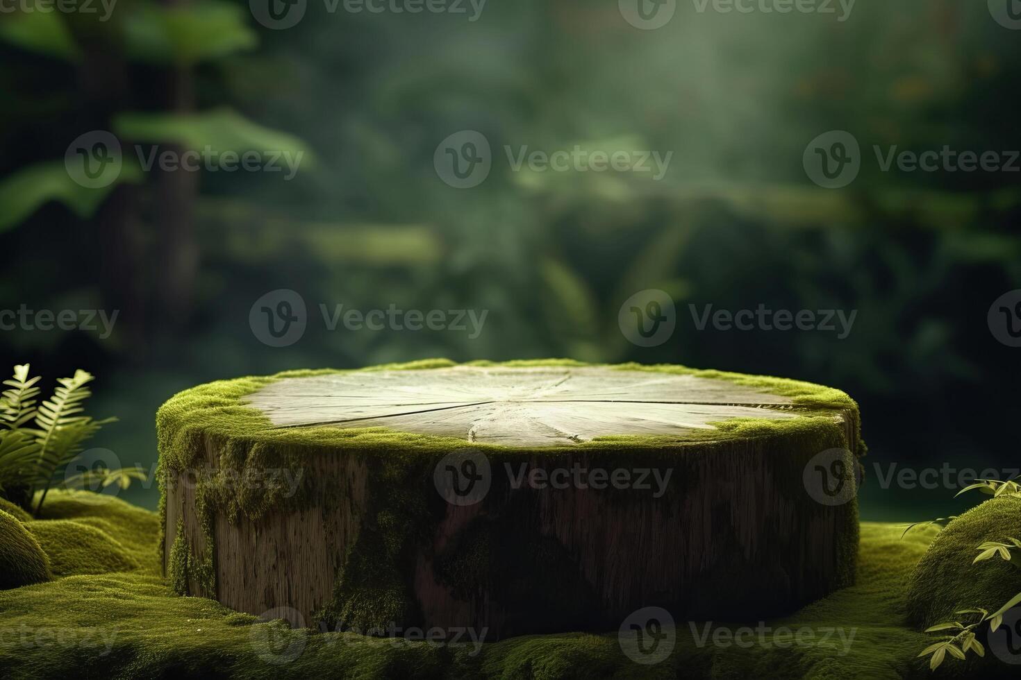 AI generated Flat stone podium in the magical forest , empty round stand background photo