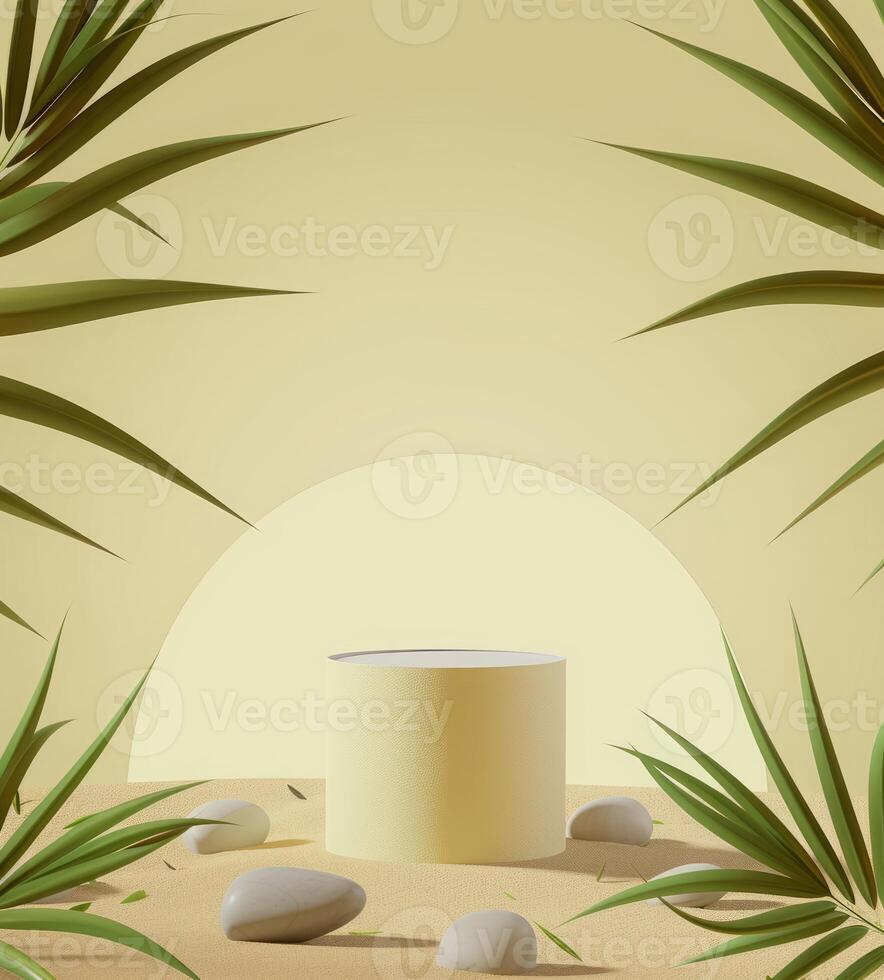 AI generated Realistic podium scene for product presentation with nature tropical palm leaf foliage photo