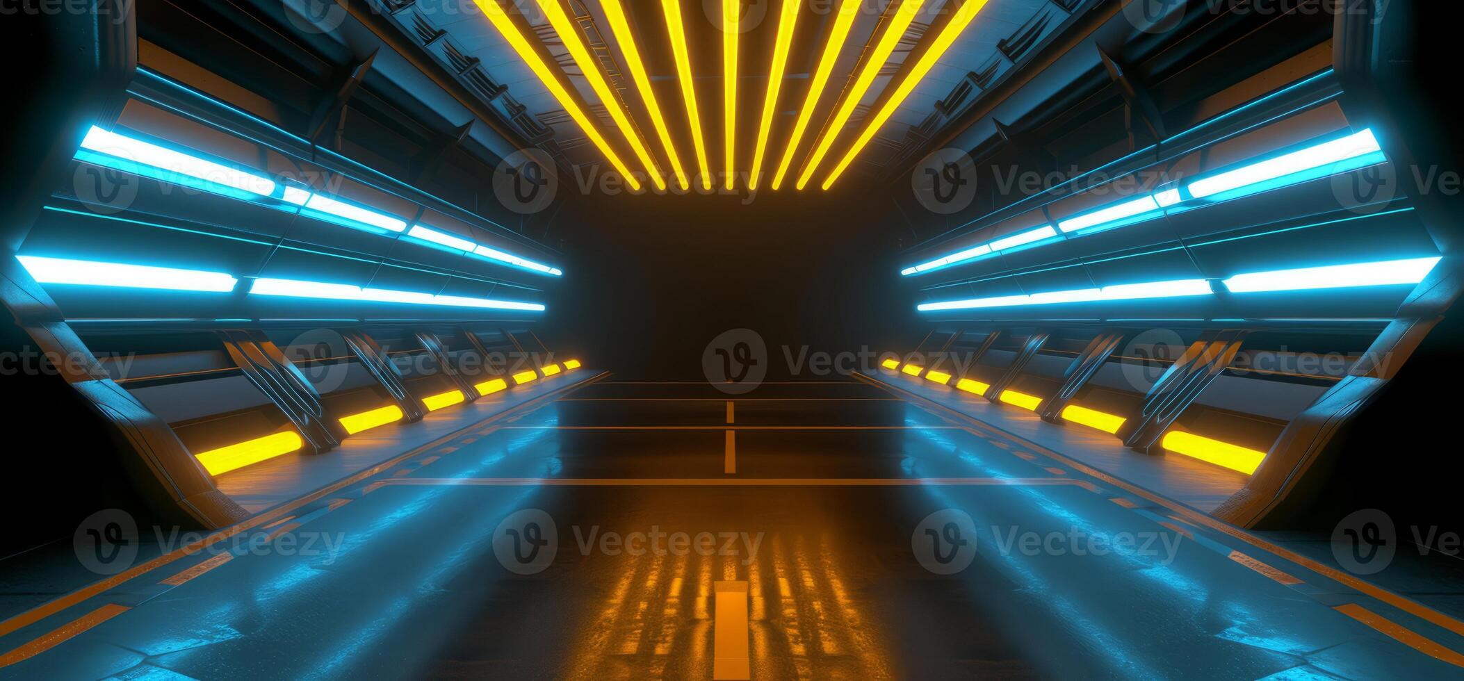 AI generated Sci Fi neon glowing lamps in a dark corridor. Reflections on the floor and walls. Empty background in the center. 3d rendering image. Technology futuristic background. photo